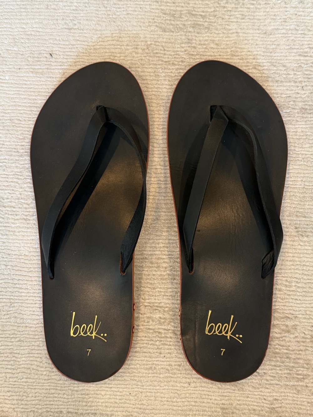 Beek Seabird Black Leather Thong Flip Flop Sandals with Gold Detail Size 7